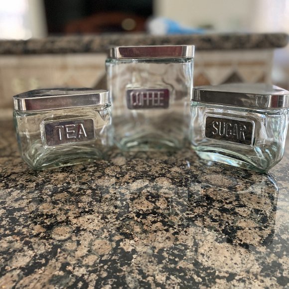 Source Unknown Other - VINTAGE Lot of 3 Glass Triangle Tea Coffee Sugar Canister W/ Metal Lid